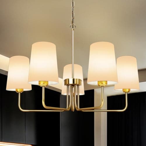 Tadpole Jump Farmhouse Chandelier 5 Lights Chandeliers for Dining Room with White Fabric Shade Rustic Gold Dining Room Light Fixture for Kitchen Bedroom Living Room - Image 1
