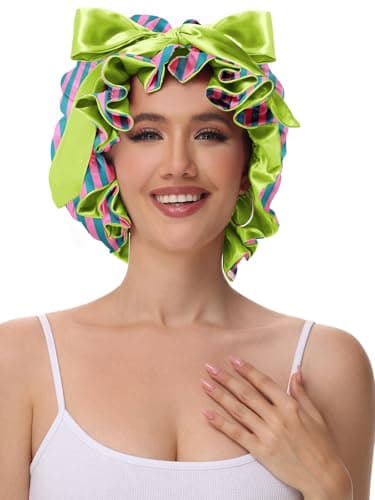 Vettres Silk Hair Bonnet for Sleeping, Satin Shower Cap for Women 2026 with Tie Band and Adjustable Straps Head Wrap for Curly Hair Pink-Red-Green F - Thumbnail 3