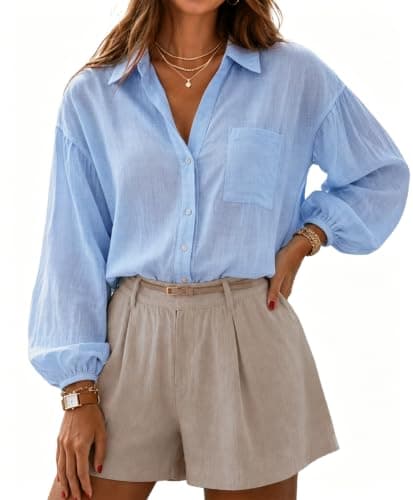AceNest Cotton Long Sleeve Shirt Spring Outfits Oversized Button Down Linen Shirts Light Blue L - Image 1