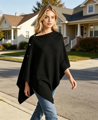 MissShorthair Versatile Women's Shawl Wrap – Soft Knitted Poncho Cape Scarf for Fall Winter black poncho sweater - Thumbnail 2