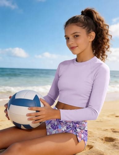 GEMLON Girls Bathing Suits Purple Long Sleeve Crop Rash Guard Swimwear Tropical Shorts with Bow Girls Swimsuits Size 10-12 - Thumbnail 5