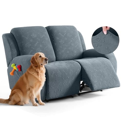 Ruaozz Loveseat Recliner Covers, 6 Pieces Dual Recliner Couch Cover Stretch Paw Bone Prints Reclining Sofa Slipcovers Soft Furniture Protector with Pockets for Dogs Pets (2 Seat, Gray) - Image 1