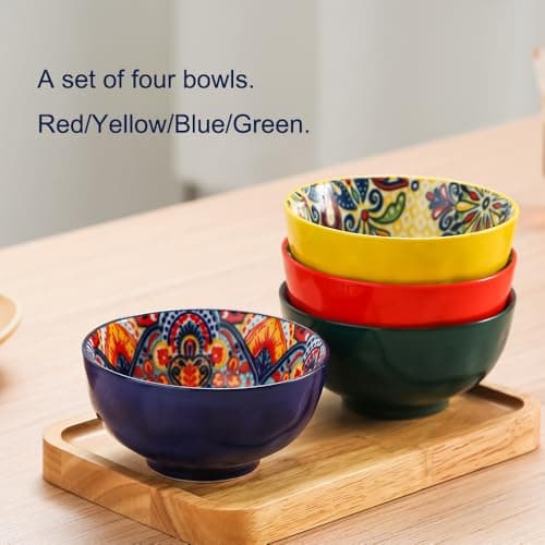 JINNTHE Bohemian Bliss 4.5-Inch Ceramic Bowls, Set of 4 - Colorful Dip Bowls, Salad Bowls, Snack Rice Bowls with Handcrafted Artisan Prints, Dishwasher & Oven Safe - Thumbnail 6