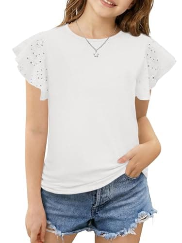Girls Ruffle Sleeve Shirts Butterfly Sleeve Blouse Summer Eyelet Cute T-Shirt Crewneck Tee Tops for Girls 4-15 White