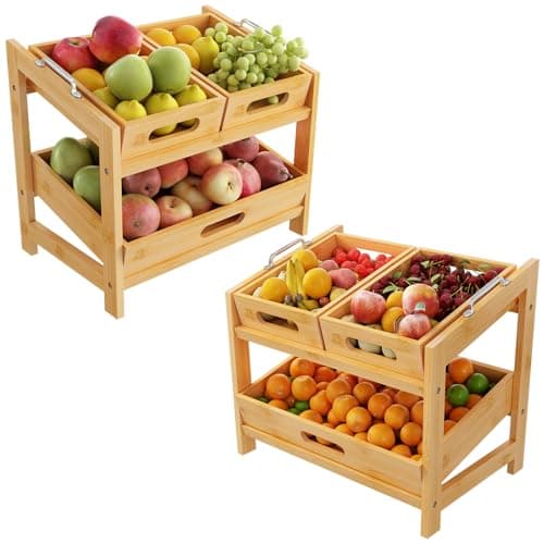 Fruit Basket, Fruit Tray, 2 Tier Bamboo Fruits Basket Stand for Kitchen Countertop – Fruits Holder – Suitable for Bread, Vegetables, Produce, Home Storage and Display Pack of 2 - Image 1