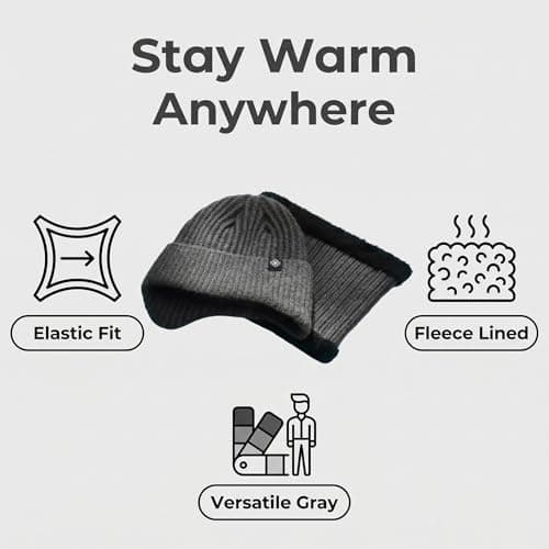 BSHITWO Year-Round Soft Thick Cotton Beanie & Neck Warmer Set for Men, Cozy Fleece-Lined Anti-Slip Daily Indoor Lounge Hat, Breathable All-Season Gift Set, Gray - Thumbnail 2