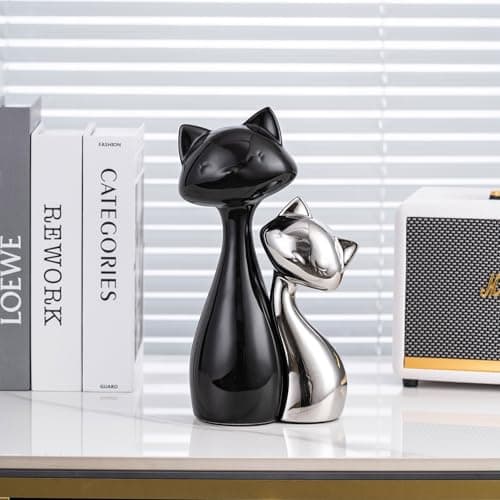 SURE YUESI Ceramic Cat Statue Set of 2, Black & Silver Cute Cat Figurines, Desk & Shelf Decor for Cat Lovers, Office Home Decor, Lucky Cat Memorial Gift for Women - Thumbnail 2