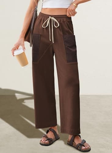 EVALESS Pants for Women Casual High Waisted Baggy Cargo Pants 2026 Summer Ankle Length Wide Leg Sweatpants with Pockets Drawstring Elastic Band Teacher Outfits Coffee X-Large - Thumbnail 3