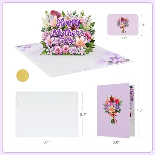 FaCraft Pop Up Mothers Day Cards - 3D Purple Lily & Rose Bouquet Card for Mom - Large 8x6 Happy Mother’s Day Card with Writing Note, Seal & White Pearlescent Envelope - Thumbnail 5