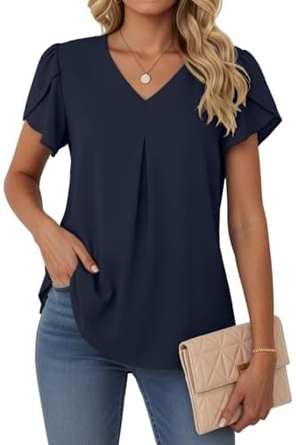 Lepunuo Plus Size Womens Summer Tops Short Sleeve Dressy Blouses V Neck Work Tunic Tops Casual Flowy Shirts A - Navy Blue - Image 1