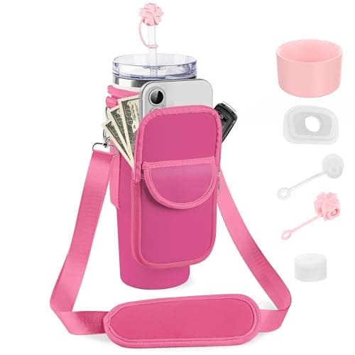 BOCMTR Water Bottle Holder with Strap for Stanley 30/40 oz Tumbler, Fashion Stanley Cup Bag with Big Phone Pocket, Silicone Boot, Straw Cover & Leak Proof Stoppers (Pink)