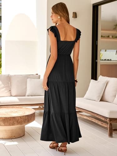 Prinbara Womens Maxi Dress Summer Casual Sleeveless Square Neck Flowy Ruffle Backless Beach 2026 Vacation Boho Long Sundress Black Large - Thumbnail 4