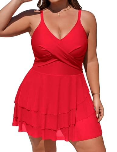 Charmo Plus Size Swimsuit for Women 2026 Tummy Control Twist Front One Piece Swimdress Flowy Sheer Modest Bathing Suit Red 1X - Image 1