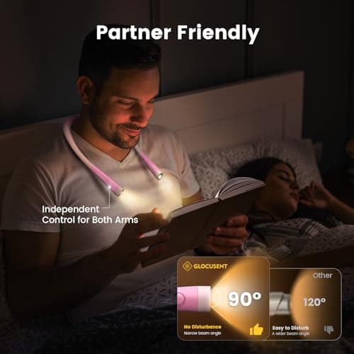 Glocusent Book Light, 3-Color & 6-Brightness Reading Light, Bendable Neck Light, 80-hr Lasting Rechargeable Book Light, Perfect Reading Lights for Books in Bed, Knitting, Book Lovers Gifts - 1Pack - Thumbnail 6