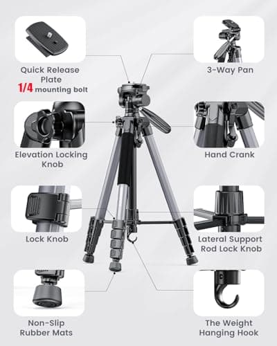 CAMBOFOTO 74″ Aluminum Camera Tripod – Heavy‐Duty Professional Tripod Stand for DSLR & Mirrorless Cameras, Smartphones & GoPro – Lightweight Travel Tripod with 360° Pan Head & Phone Mount - Thumbnail 6