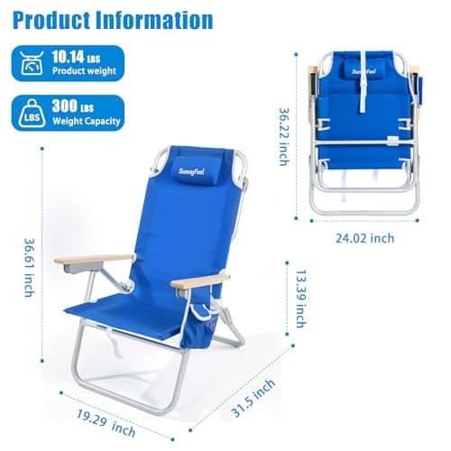 SUNNYFEEL Tall Beach Chair, Reclining Beach Chair with 5-Position, Portable Camping Chair for Adults with Wood Armrest, Lightweight Camping Chair 300 lbs Heavy Duty, Blue - Thumbnail 3