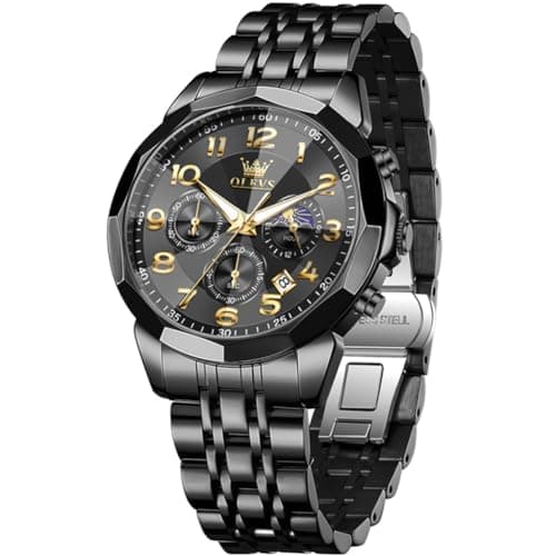 OLEVS Watch Men Black Watches for Men Luxury Big Face Stainless Steel Dress Analog Quartz Easy Read Mens Watches Classic Casual Waterproof Moon Phase Chronograph Men's Watch - Image 1