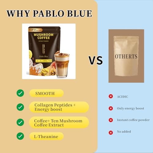 Pablo Blue Instant Mushroom Coffee & Collagen Coffee with 10 Organic Mushrooms – Lion’s Mane, Chaga, Reishi, L-Theanine in Mushroom Instant Coffee for Focus, Skin, Gut Health & Immunity, 30 Serv. - Thumbnail 6