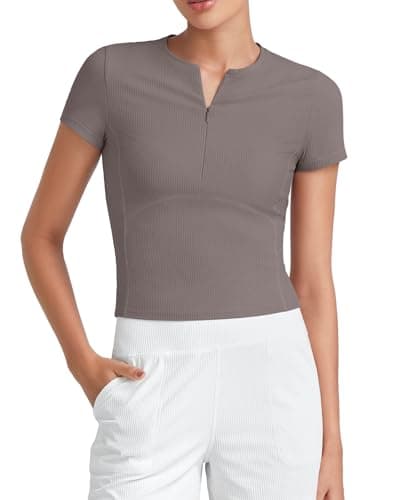 G4Free Athletic Tops for Women Lightweight Short Sleeve Slim Fit Soft Workout Shirts Ribbed Gym Zipper Yoga Tshirts (Taupe,XS) - Image 1