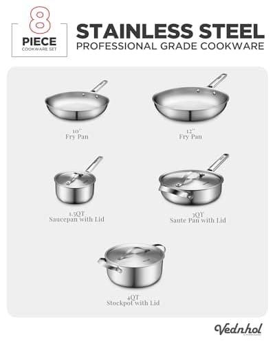 Stainless Steel Cookware Set, 8 Pcs Tir-Ply Pots and Pans Set, PFOA&PTFE Free, Dishwasher&Oven Safe, Kitchen Induction Compatible, ollas de acero inoxidable para cocinar - Thumbnail 3