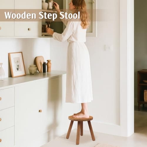 lhmooquan Round Solid Wooden Step Stool,Plant Stool Indoor,11.8” Height, Plant Stand for Kitchen, Bedroom, Bathroom, Livingroom (Walnut, 11.8inch) - Thumbnail 6