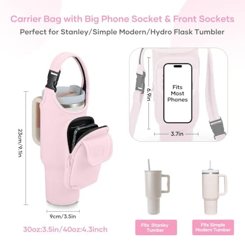 Bufilea Carrier Bag with Phone&Flap Pockets for Stanley 40/30oz Tumbler with Handle, Insulated Neoprene Cup Holder Carrier Bag w/Shoulder & Handheld Strap Fits Stanley Cup Accessories - Thumbnail 5