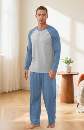 NITAGUT Men's Pajama Set Long Sleeve Sleepwear 2 Piece Loungewear with Pockets Soft Comfy Nightwear,Blue-S - Thumbnail 2