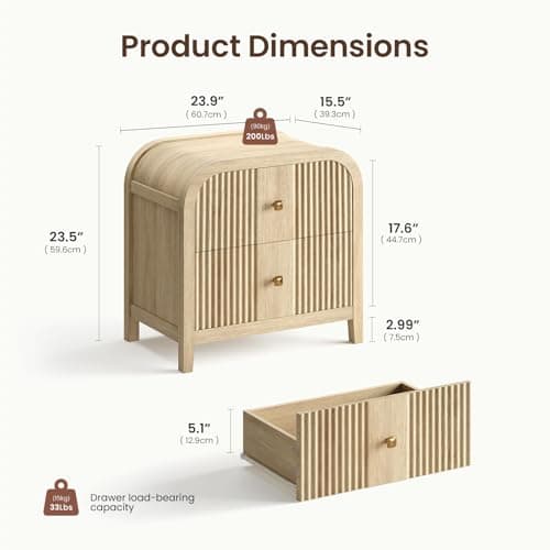 ModernMate Modern 2-Drawer Nightstand with Wave-Fluted Front & Curved R-Angle Top, Thickened Wood Bedside Table with Brushed Copper Pulls for Bedroom - Thumbnail 2