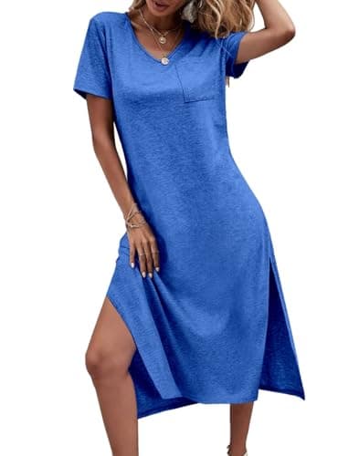 Dyexces Women Summer T Shirt Dress Short Sleeve Casual V Neck T Shirts Maxi Dresses Loose Side Slit Long Tshirt Midi Dress Tshirts with Pockets Navy - Thumbnail 2