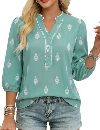 GRACE KARIN Boho Tops for Women Summer, Dressy Casual Floral Blouses, V Neck Button Up 3/4 Sleeve Shirts for Vacation Light Green L - Image 1