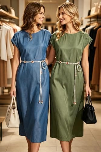 Women Army Green Cap Sleeve Split Shift Office Decorative Waist Chain Dress - Thumbnail 5