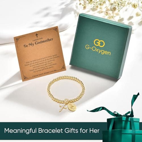 14K Gold Plated Bead Cross Bracelet, Virgin Mary Cross Bracelet for Women, Dainty Stretch Bead Bracelet, Religious Jewelry for Catholic Baptism Confirmation Easter Gifts (To My Godmother-Gold) - Thumbnail 6