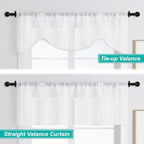 Home Queen White Semi Sheer Tie Up Curtain Valances, Linen Textured, Rod Pocket Balloon Window Topper for Living Room, 54 X 20 Inch, 4 Pieces - Thumbnail 3