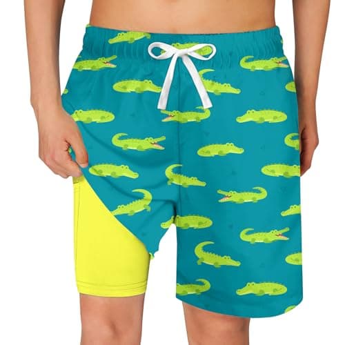 Cozople Boys Swim Trunks Size 8 Stretchy Boxer Brief Liner Swim Shorts Quick Dry Green Crocodile Graphic Bathing Suit No Mesh Surf Bathing Suit Beach Board Shorts Size 8 - Image 1