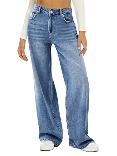 HDLTE Women's Wide Leg High Waist Baggy Jeans - Loose Boyfriend Denim Pants Y2K (2-Blue, Medium) - Image 1