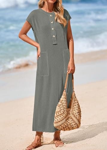 KIRUNDO Womens Summer Dresses 2026 Spring Ribbed Knit Henley Short Sleeve Maxi Dress Button Up Loose Beach Vacation Sundress(Grey, X-Large) - Thumbnail 4