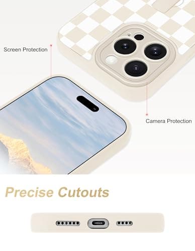 Aitipy Checkered Phone Case Compatible with iPhone 13 Pro, with Finger Hand Strap Kickstand Shockproof Full Camera Protection Soft TPU Protective Cover for Women Girls, Beige Checkerboard - Thumbnail 6