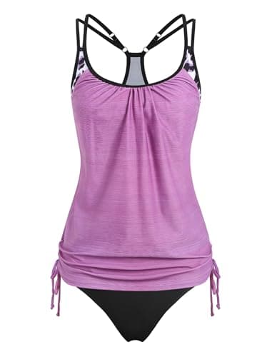 ZAFUL Two Piece Tankini Swimsuit for Women High Waisted Tummy Control Bathing Suit Double Up Tankini Set 1-Light Purple XL - Thumbnail 3
