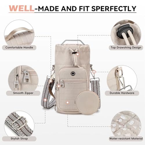 YIQUN Water Bottle Carrier Bag with Strap Insulated Water Bottle Carrier Sling Bag with Phone Pocket for Walking, Hiking, Cycling, Water Bottle Holder with Strap (Khaki, L (40oz-64oz)) - Thumbnail 6