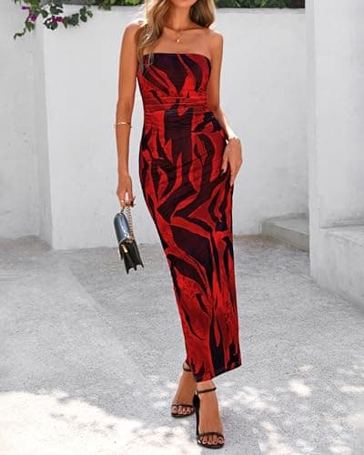 BTFBM Women Summer Strapless Maxi Dress 2026 Bodycon Floral Long Wedding Guest Dress Formal Tube Mesh Cocktail Dresses(Floral Red, Large) - Thumbnail 5