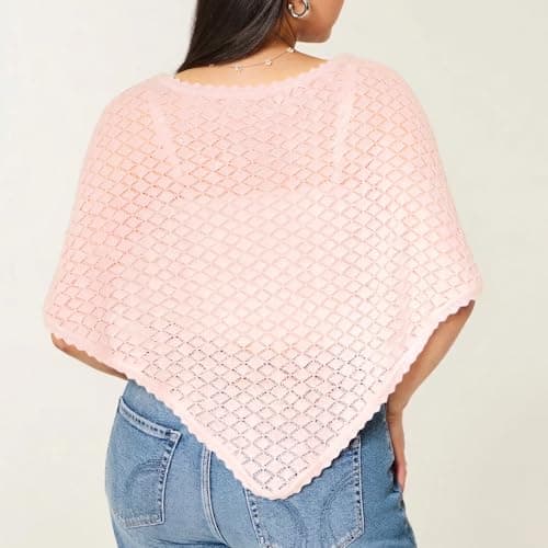 Ainangua Womens Summer Sweater Crochet Batwing Sleeve Scalloped Trim Poncho Tops Off Shoulder Hollow Out Shawl Wraps Coverup(Pink,S) - Thumbnail 2