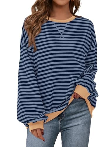 PRETTYGARDEN Women Classic Striped Oversized Crewneck People Dupes Color Block Long Sleeve Casual Sweatshirt Loose Pullover (Blue Navy, X-Small) - Image 1