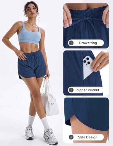 Aprolive Running Shorts for Women 4 Inch Athletic Lightweight Summer Casual Workout Gym Hiking Short with Zipper Pockets (Navy Blue, XL) - Thumbnail 5