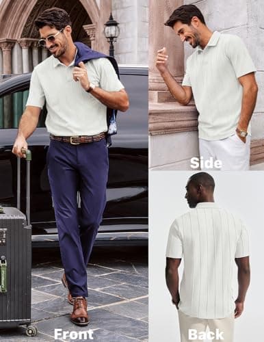 PJ PAUL JONES Mens Knit Polo Shirts Short Sleeve Textured Polo Golf Collared Shirt Casual Vacation Fashion Tops White M - Thumbnail 2