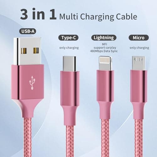 Multi Charging Cable,(2Pack 4FT) 3 in 1 Charging Cable for Multiple Devices, Nylon Braided Universal Charger Phone Charger Cord with Type-C,Micro USB,IP Port for iPhone16/15 Series/Phone&Pad-Pink - Thumbnail 2