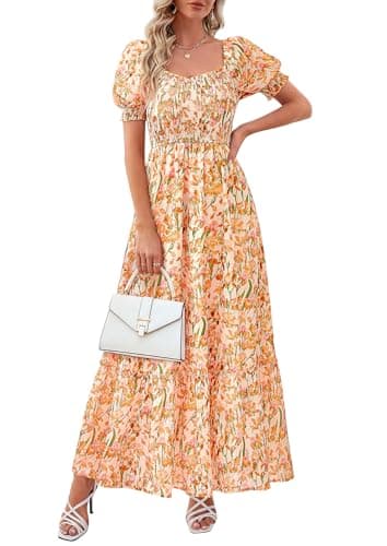 PRETTYGARDEN Women's Floral Boho Maxi Dresses Flowy Short Sleeve A Line Smocked Eyelet 2026 Summer Beach Vacation Clothes (Floral White Orange Yellow,XX-Large) - Image 1