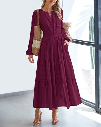 BTFBM Spring Dresses for Women 2026 Casual Long Sleeve V Neck Elastic Waist Lightweight Maxi Wedding Guest Dress Pockets(Burgundy, XX-Large) - Thumbnail 2