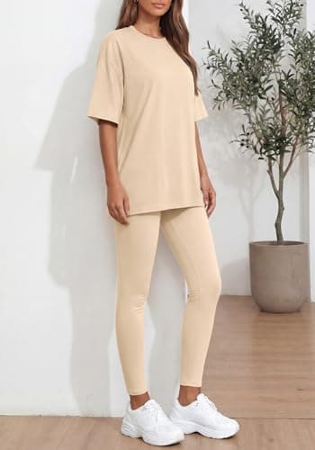 BTFBM Two Piece Lounge Set Women 2026 Spring Casual Oversized Shirts Leggings Matching Workout Airport Travel Outfits(Beige, XX-Large) - Thumbnail 3