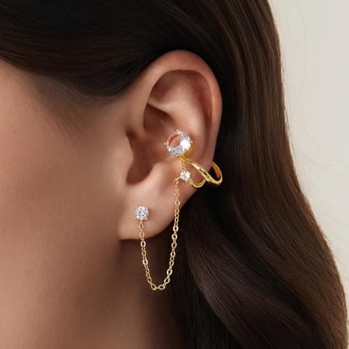 Cicy Bell 18k Gold Ear Cuff Stud Chain Earrings for Women Dainty Tassel Drop Dangle Cubic Zirconia Clip On Climber Crawler Wrap Earrings Jewelry Gifts Birthday Party - Thumbnail 2