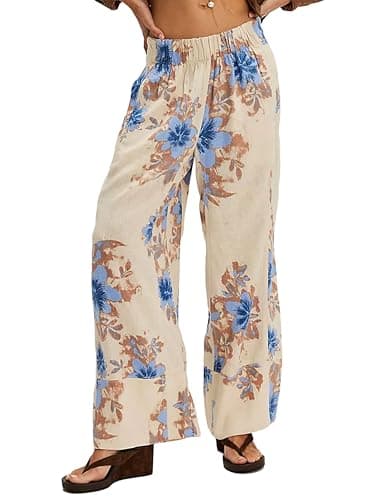 Jianzhixiao Womens Printed Striped Wide Leg Pants Elastic Waist Summer Boho Palazzo Beach Vacation Trousers Pockets(ApricotFloral-XL) - Image 1